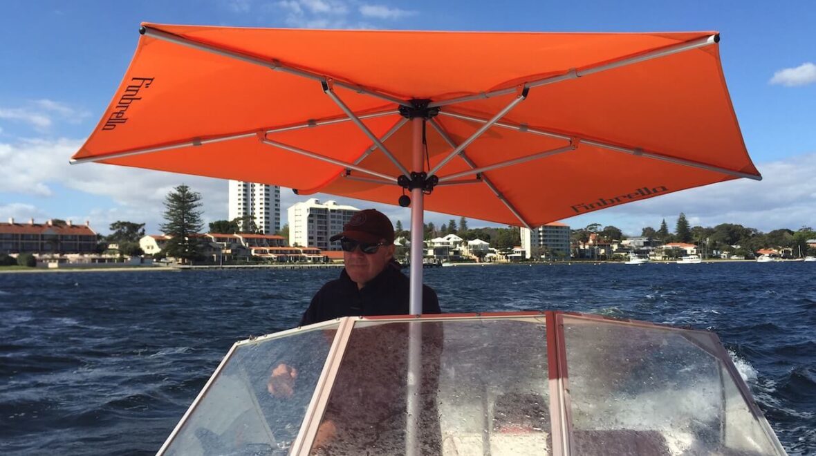 Finbrella boat canopy shade testing on the Swan River, Perth.
